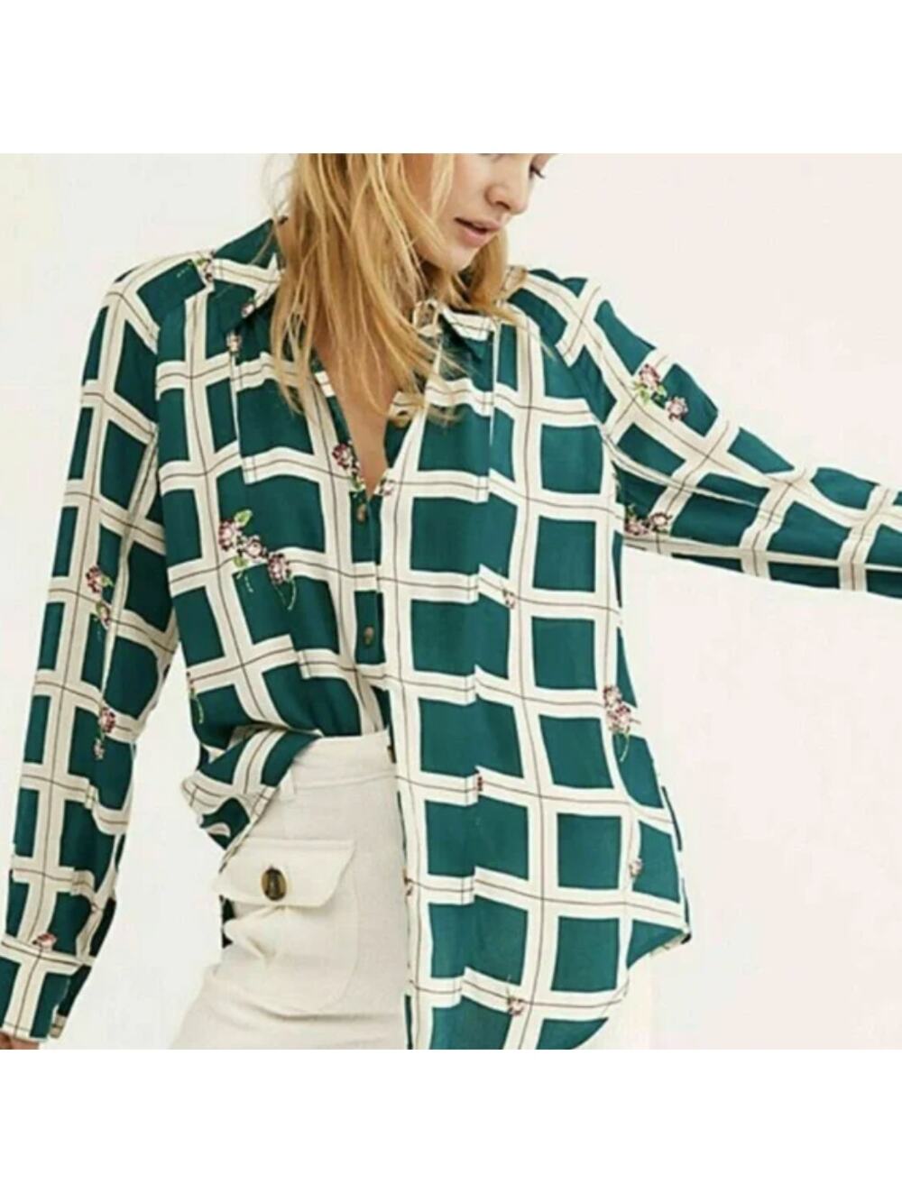 Free People Window To My Heart Button Up Blouse Green Floral Medium